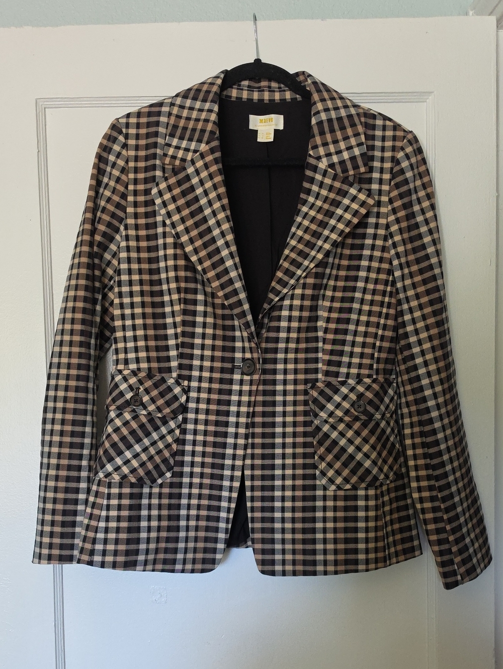 Maeve By Anthropology Brown, Beige and Black Plaid Single-Button Blazer